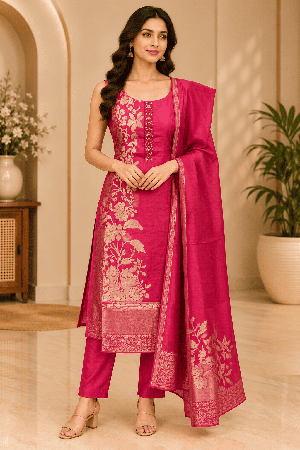 Kamal Exclusive - Rani Pink Floral Jacquard 3-Piece Set
