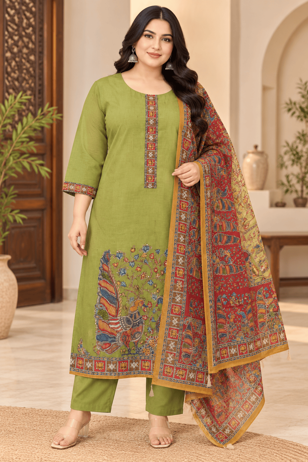 Kamal Exclusive - Plus Size Olive Green Printed Kurta Pant Dupatta Set