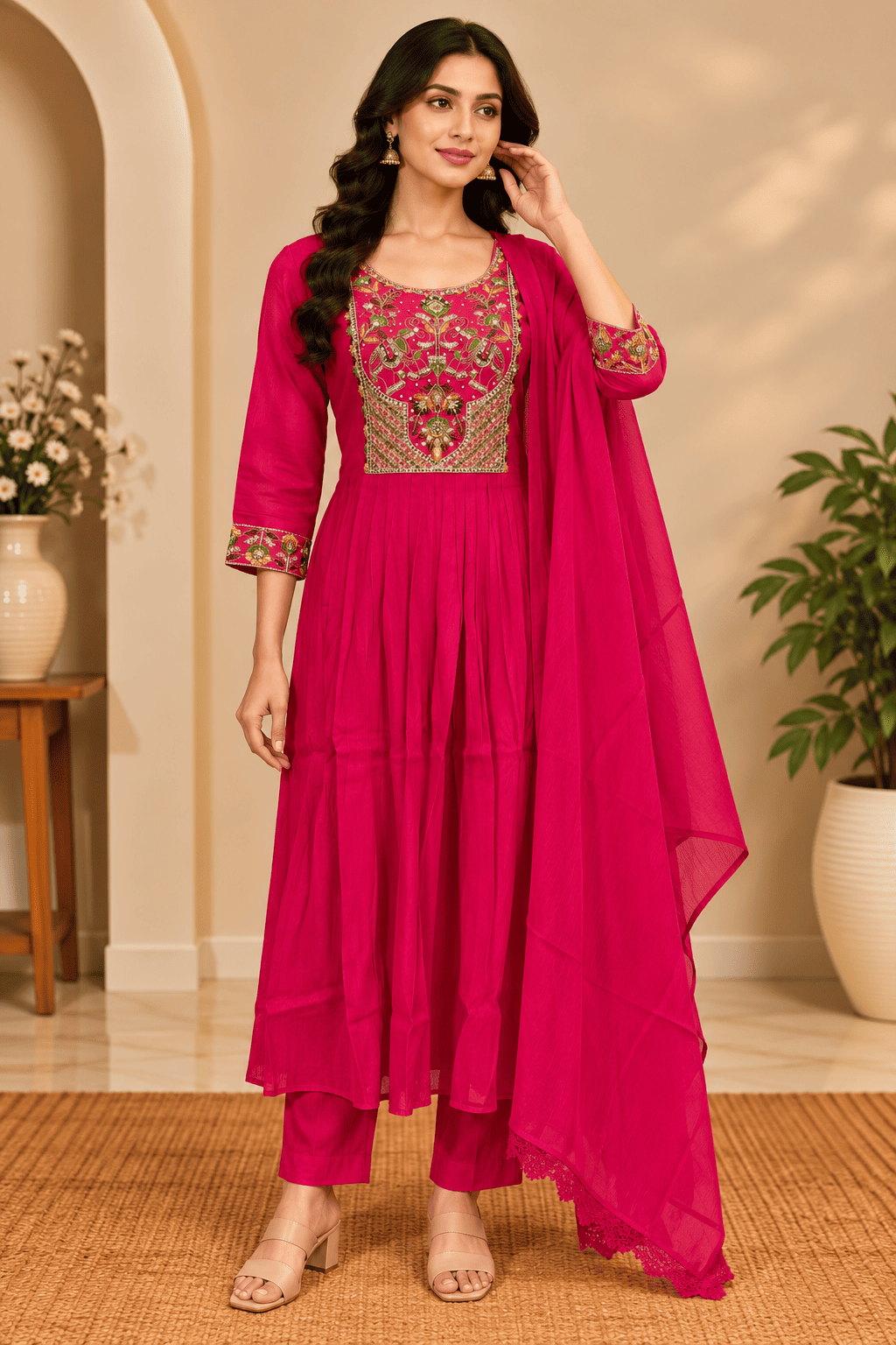 Kamal Exclusive - Rani Pink Embroidered Anarkali 3-Piece Set