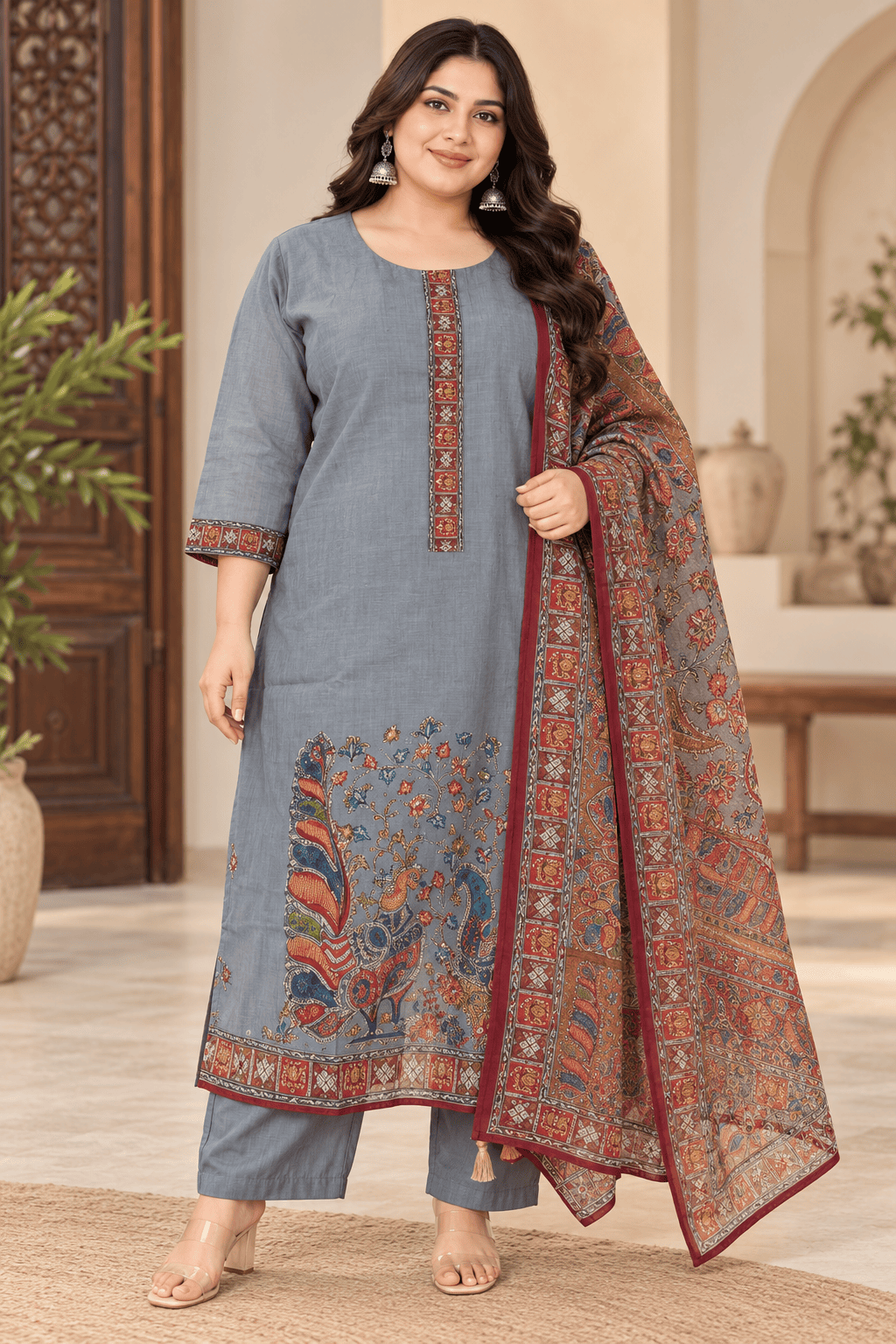 Kamal Exclusive - Plus Size Grey Printed Kurta Pant Dupatta Set
