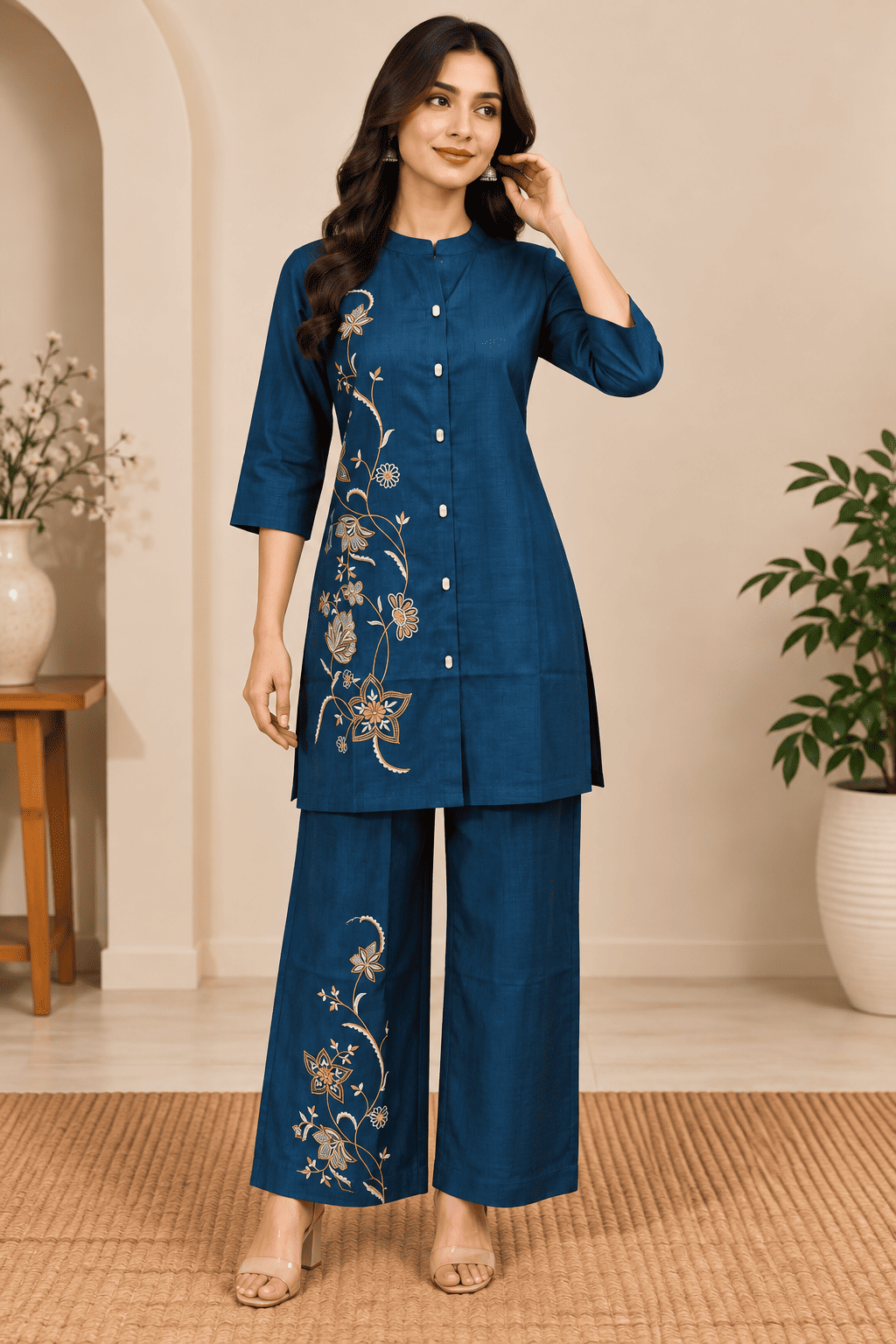 Kamal Exclusive - Navy Blue Floral Embroidered Co-Ord Set