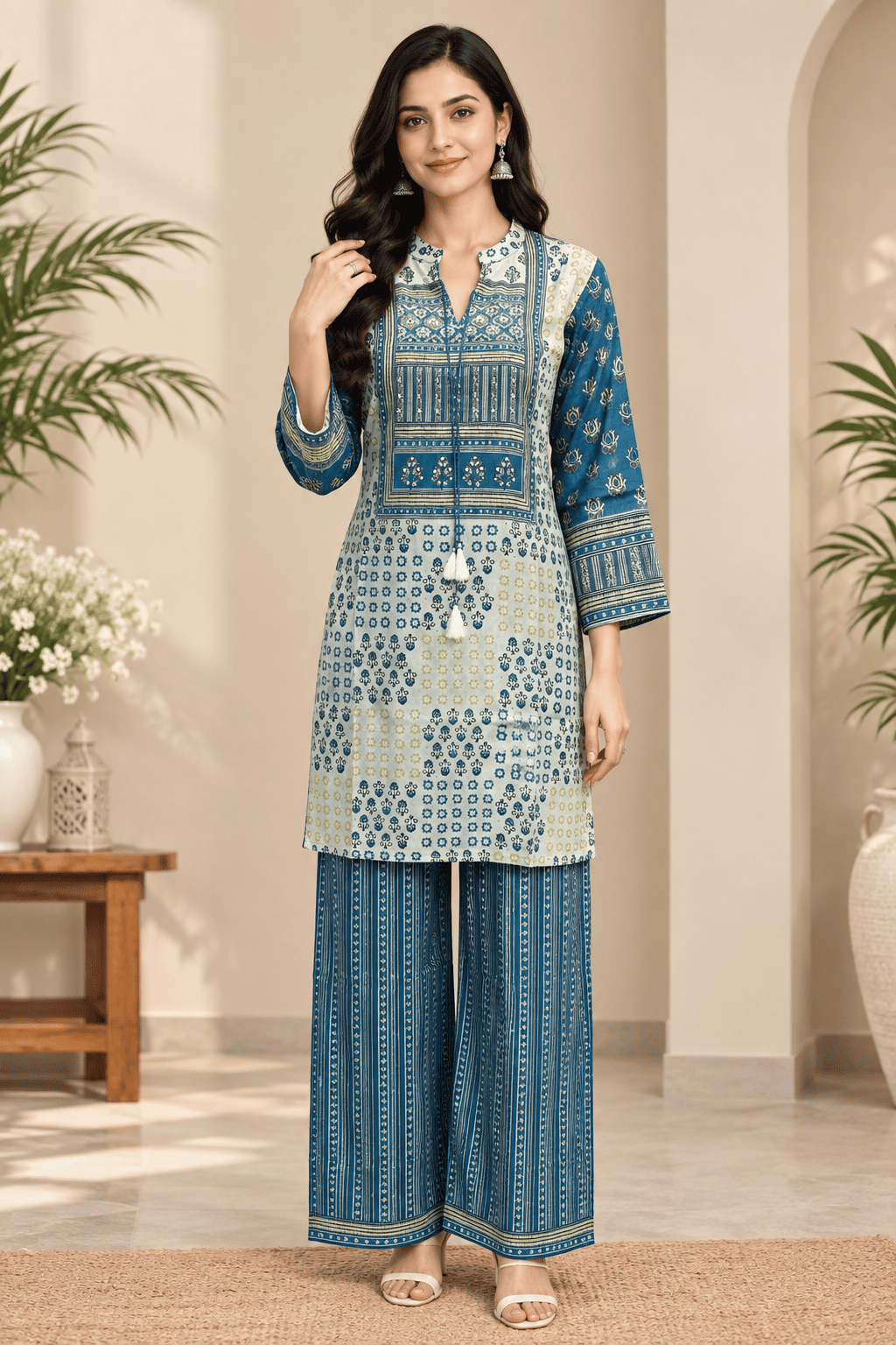 Kamal Exclusive - Blue & Ivory Floral Printed Co-Ord Set