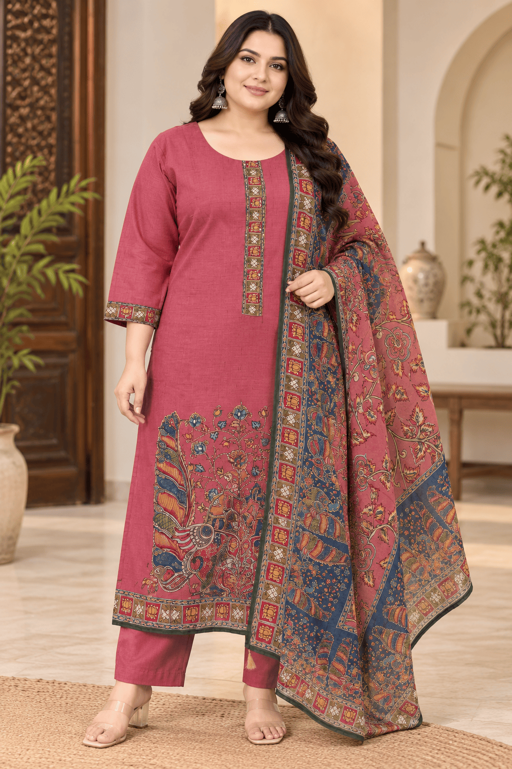 Kamal Exclusive - Plus Size Dusty Rose Printed Kurta Pant Dupatta Set