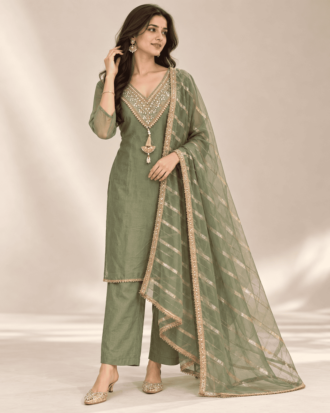 Kamal Exclusive - Sage Green Embroidered 3-Piece Suit Set