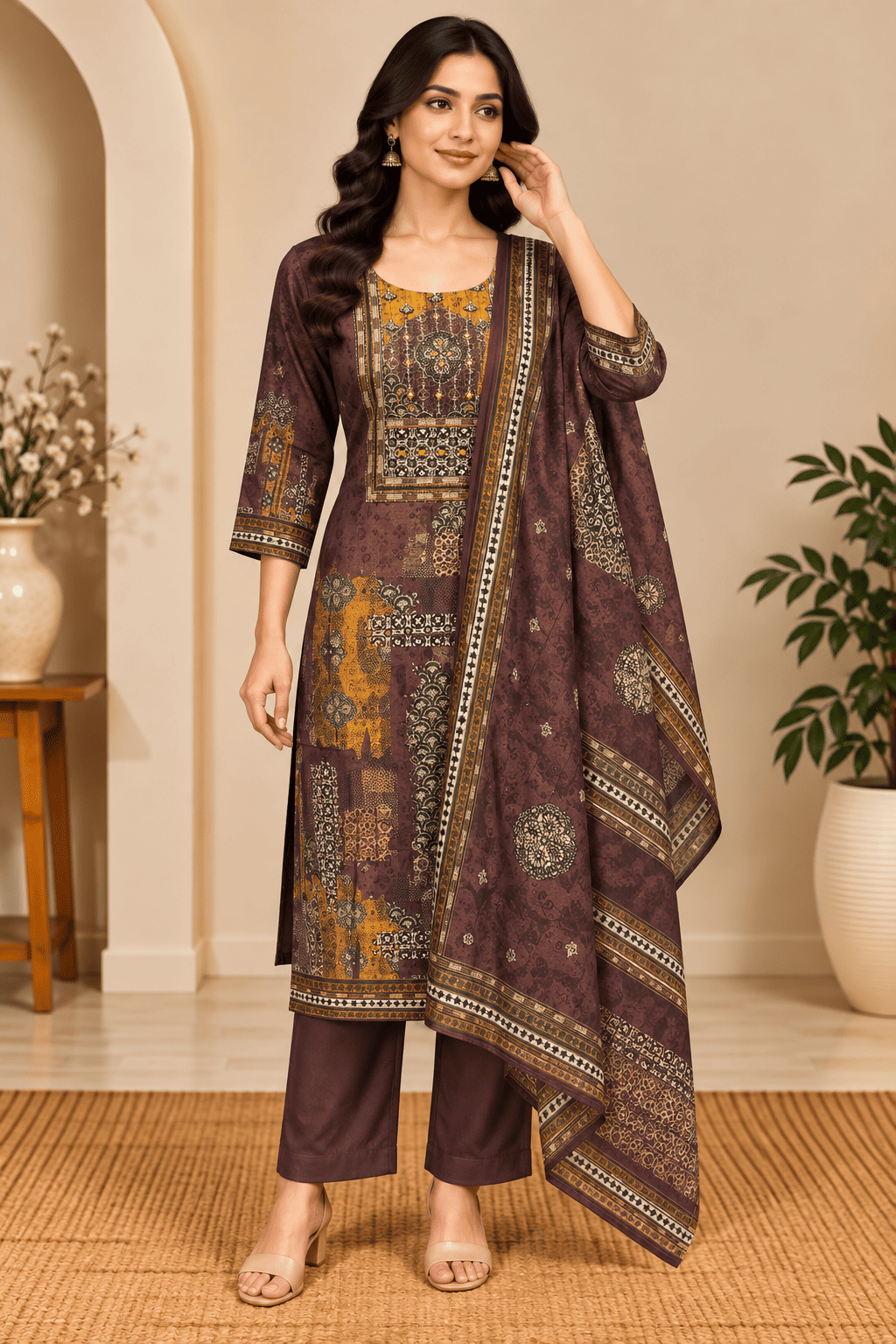 Kamal Exclusive - Chocolate Brown Printed 3-Piece KurtI Pant Dupatta Set