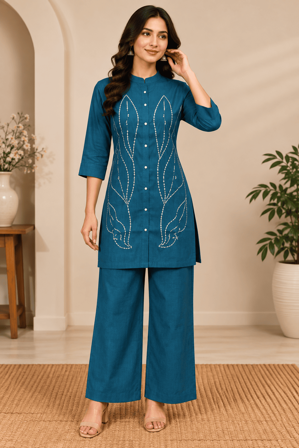 Kamal Exclusive - Teal Blue Geometric Embroidered Co-Ord Set
