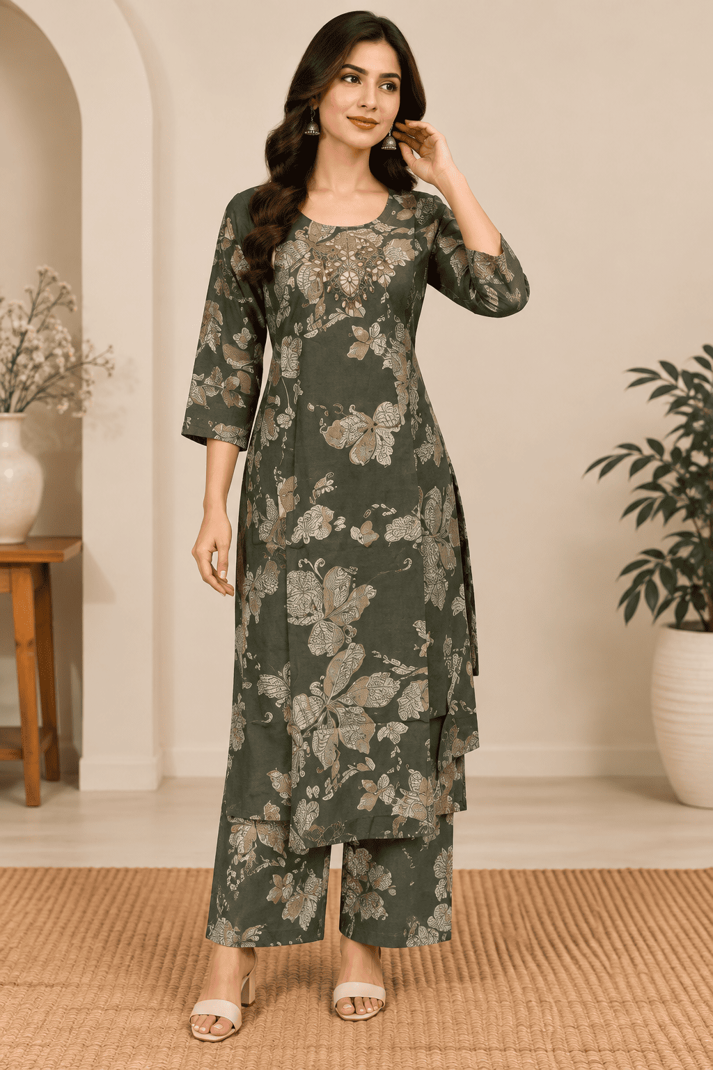 Kamal Exclusive - Olive Floral Printed Co-ord Set