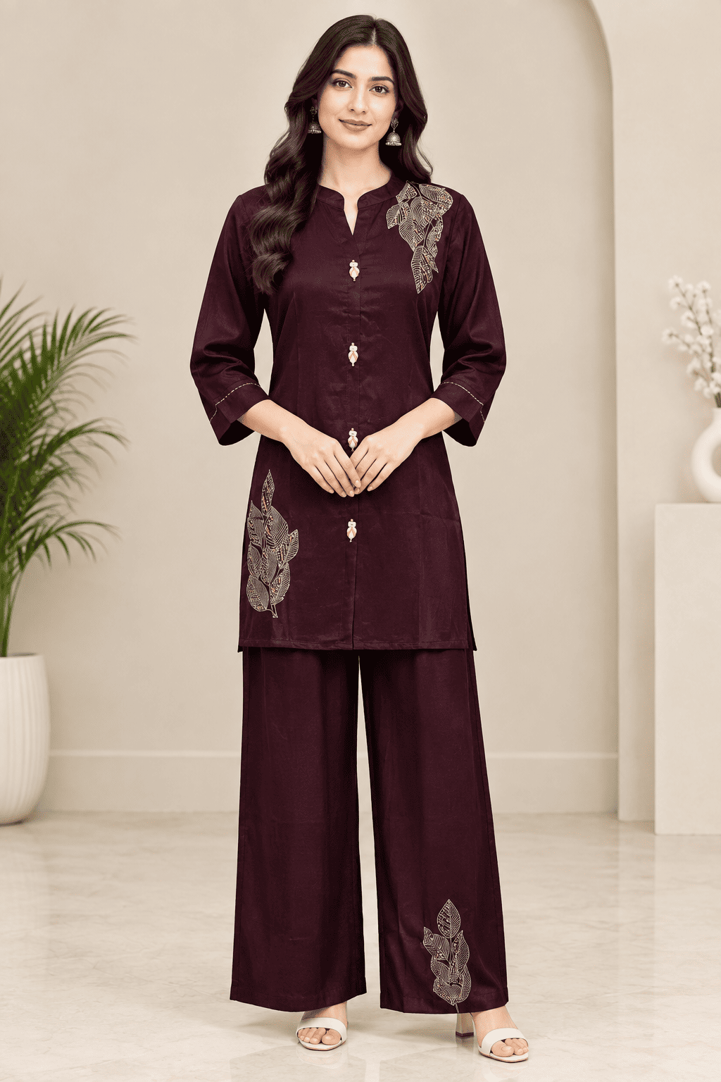 Kamal Exclusive - Wine Leaf Embroidered Co-Ord Set