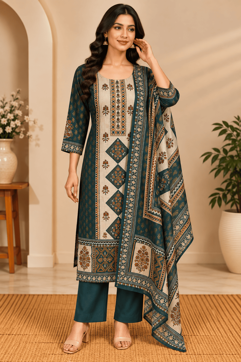 Kamal Exclusive - Rama Green Printed 3-Piece Kurti Pant Dupatta Set