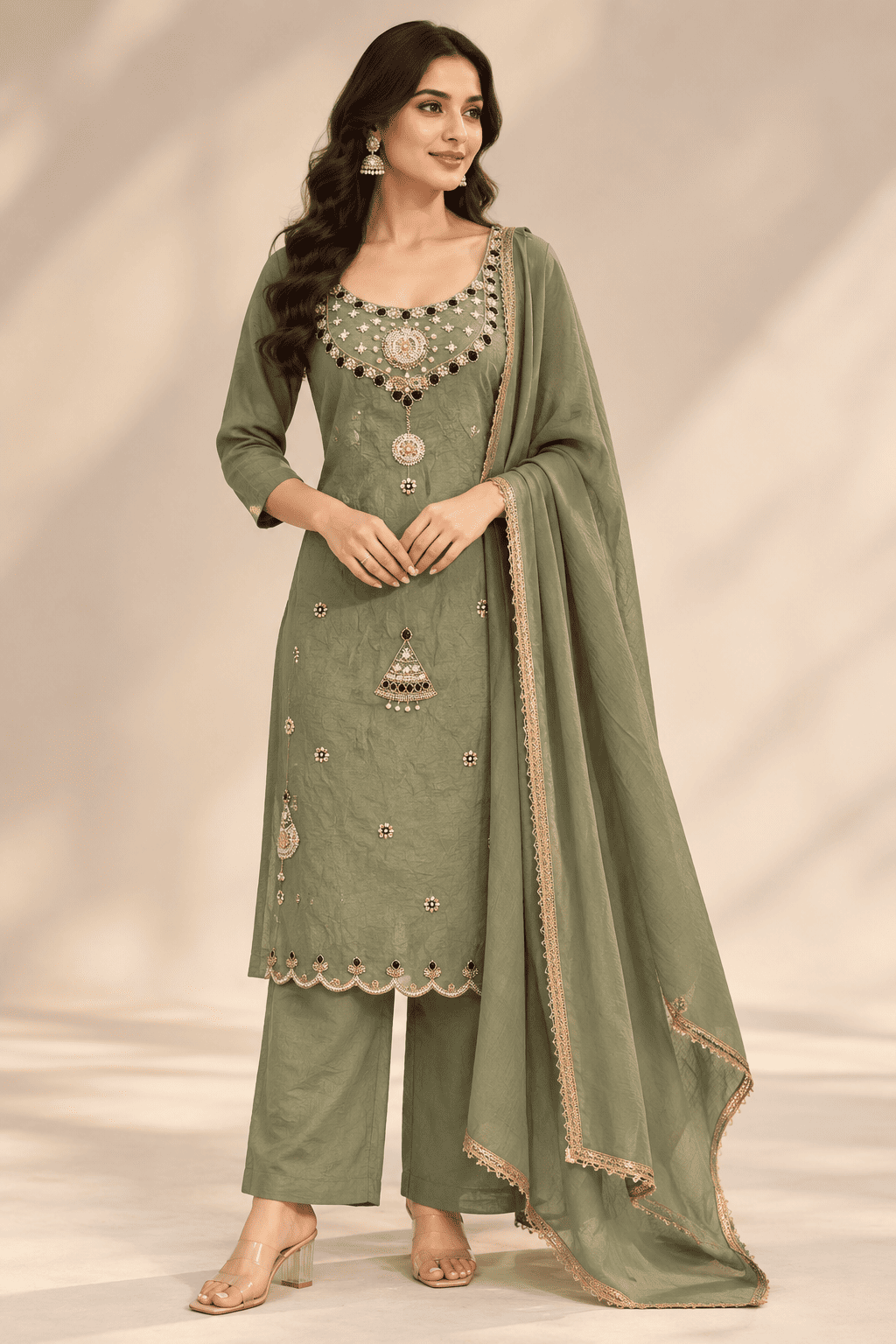 Kamal Exclusive - Olive Green Embroidered Straight-Cut 3-Piece Set