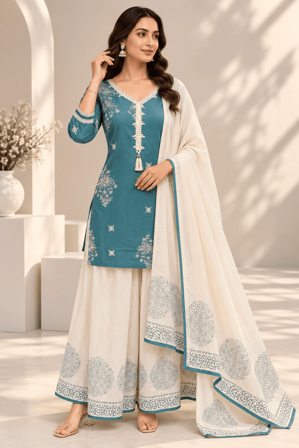 Kamal Exclusive - Teal Blue & Ivory Printed 3-Piece Palazzo Set