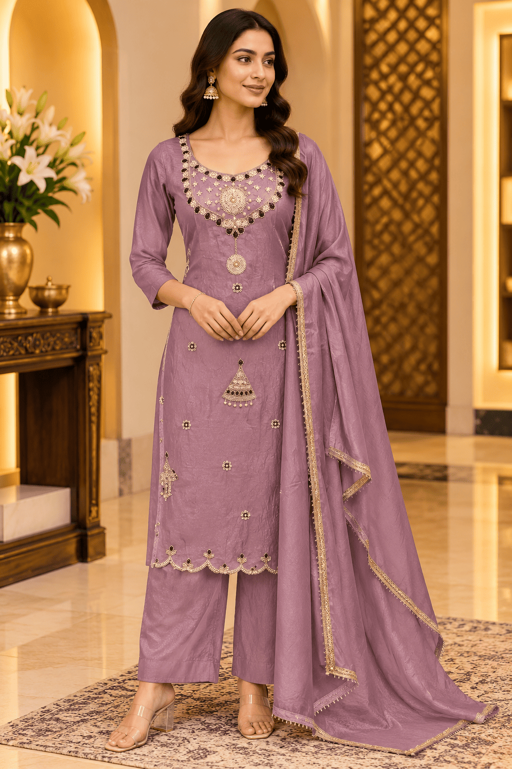 Kamal Exclusive - Dusty Lavender Embroidered Straight-Cut 3-Piece Set
