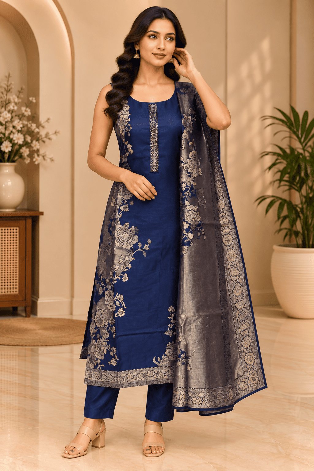 Kamal Exclusive - Navy Blue Floral Embroidered 3-Piece Set