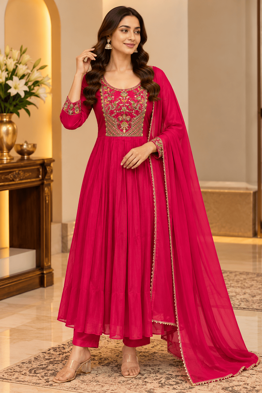 Kamal Exclusive - Rani Pink Embroidered Anarkali 3-Piece Set