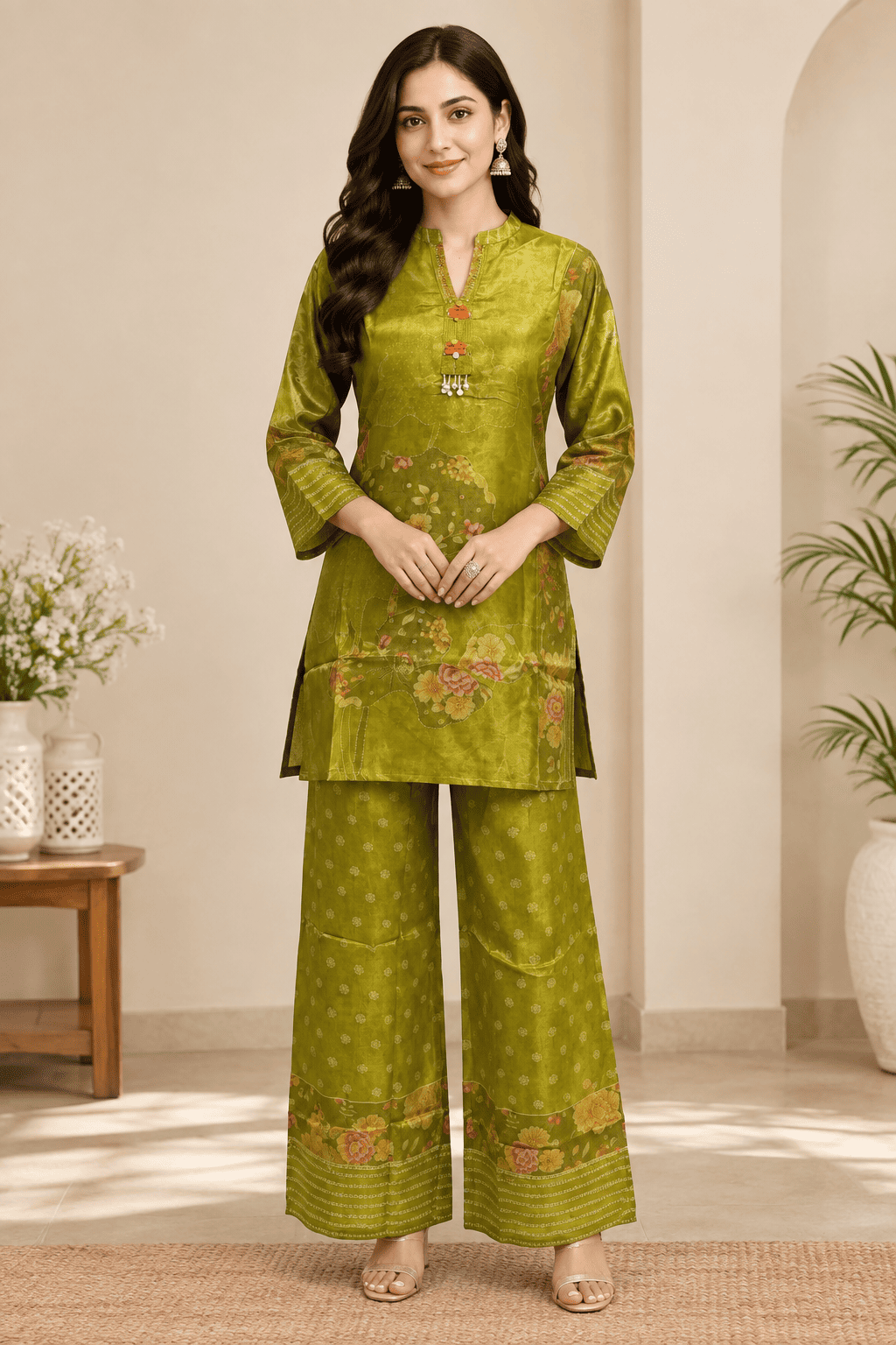 Kamal Exclusive - Olive Green Floral Printed Co-Ord Set