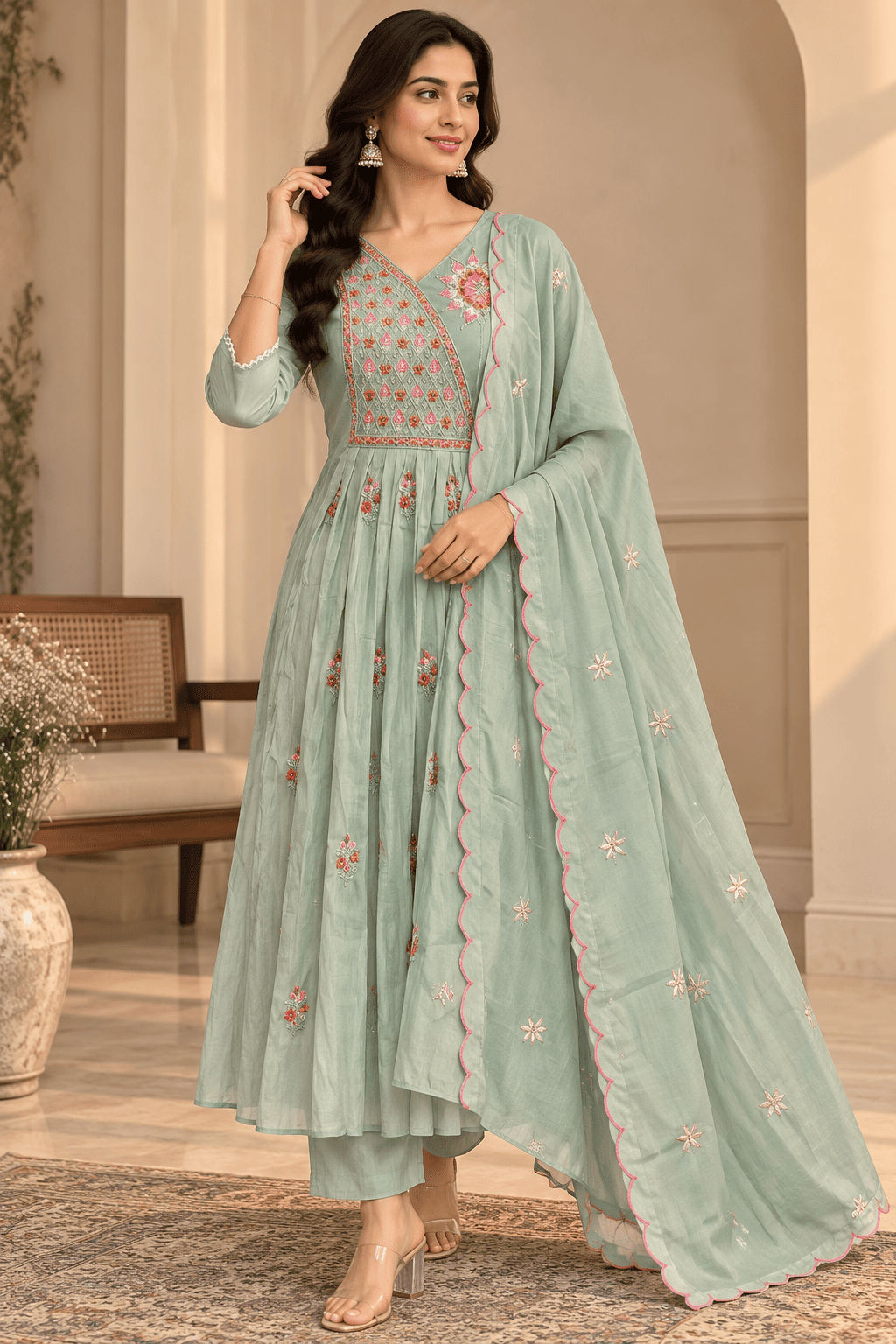 Kamal Exclusive - Pastel Mint Green Embroidered Anarkali 3-Piece Set