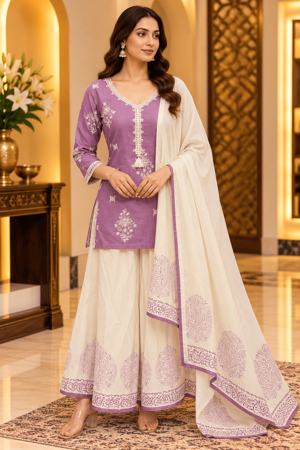 Kamal Exclusive - Lavender & Ivory Floral Printed 3-Piece Palazzo Set