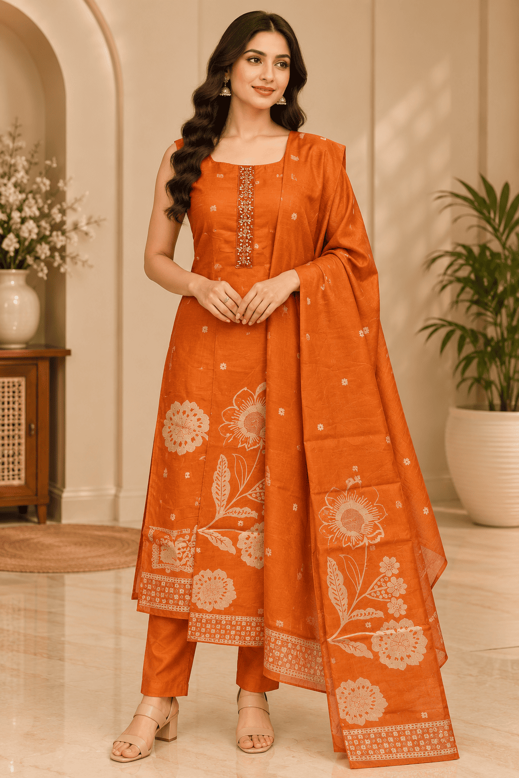 Kamal Exclusive - Orange Floral Printed 3-Piece Ethnic Set