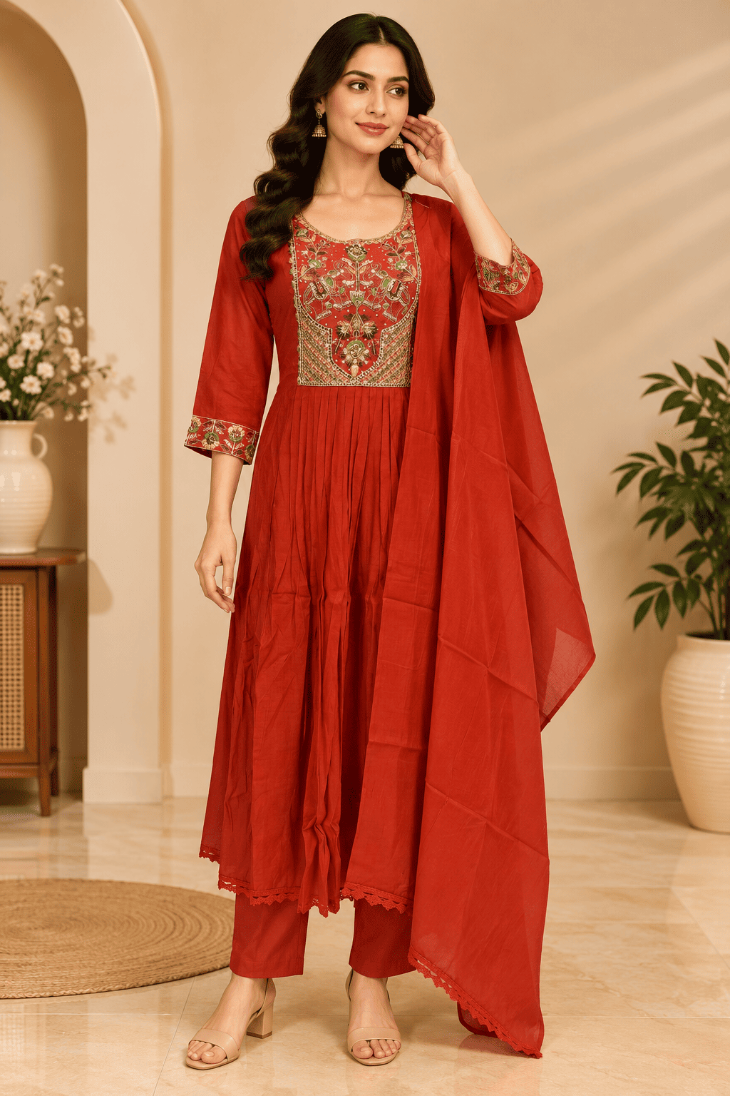 Kamal Exclusive - Rust Orange Embroidered Anarkali 3-Piece Set