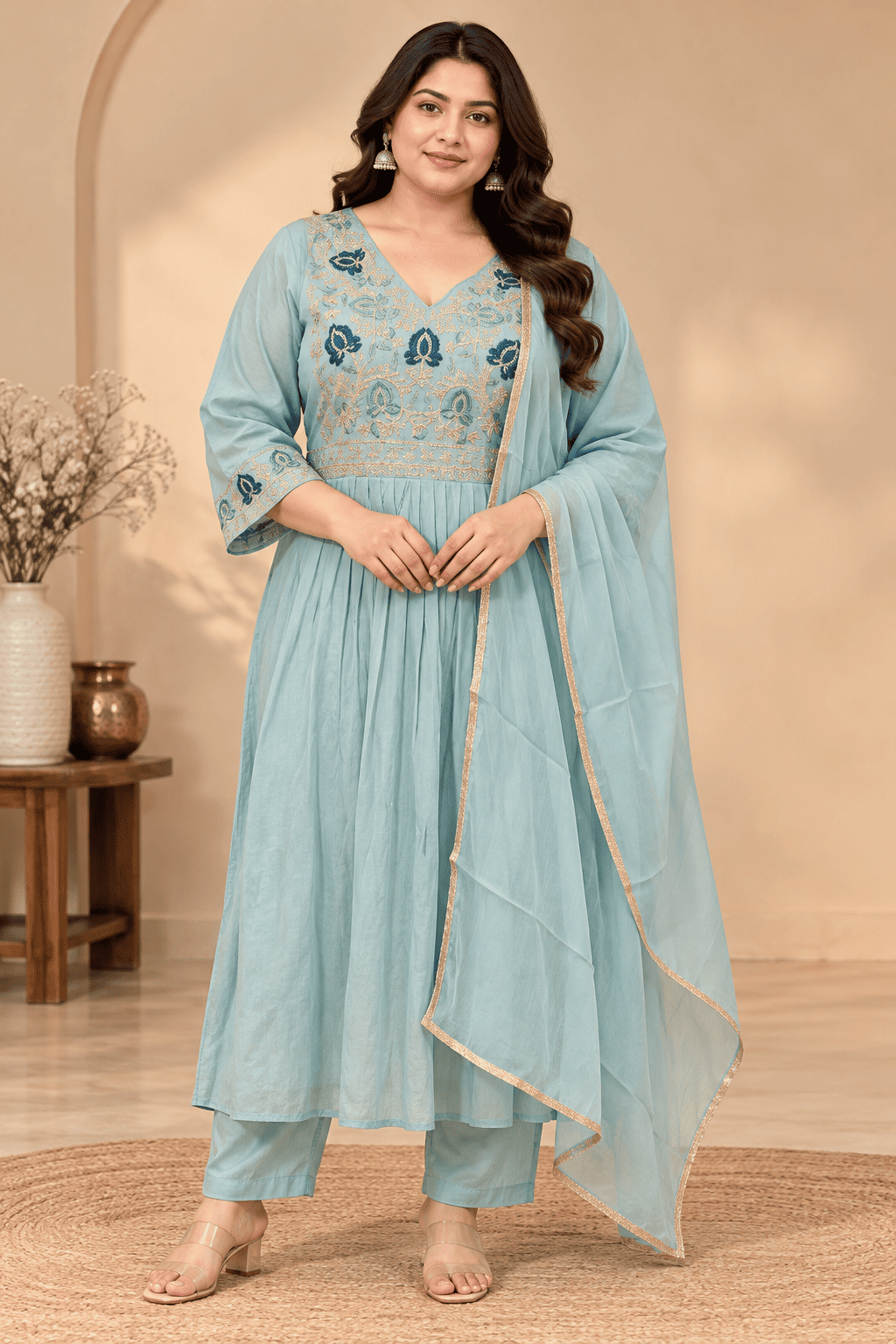 Kamal Exclusive - Plus Size Sky Blue Embroidered Anarkali Kurta Pant Dupatta Set